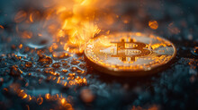 Golden Bitcoins (new Virtual Money ) Golden Coins With Bitcoin Symbol Crypto Currency Blcokchain Concept, Bitcoin On Computer Board
