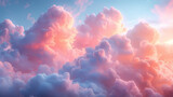 Fototapeta  - Closeup of a delicate wispy texture of cotton candy pink clouds painted across the velvet evening sky.
