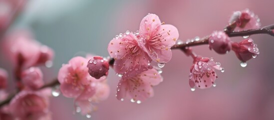 Sticker - a close up of a cherry blossom branch with water drops on it . High quality