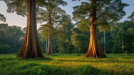 Wall Mural - Majestic giant trees and luminous sunlight in a lush, vibrant forest setting.