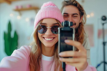 Wall Mural - Excited young woman with a pink beanie and sunglasses taking a selfie with a man