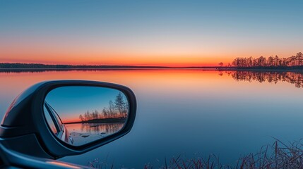 Wall Mural - Serene Sunset Reflection in Car's Side-View Mirror Over Calm Lake Waters