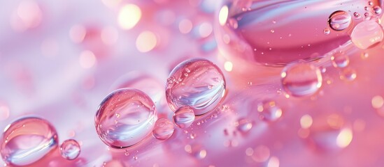 Wall Mural - A macro shot of water drops on a pink surface, showcasing the natural beauty of liquid in shades of violet and magenta