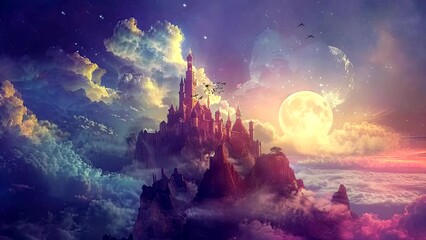 Wall Mural - beautiful view of the castle at the top of the mountain. Seamless looping time-lapse virtual 4k video animation background	