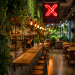 Cozy restaurant with a vibrant neon 'X' sign, wooden bar stools, and greenery.