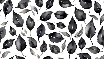 Wall Mural - Watercolor black leaves on white background seamless pattern. generated by AI