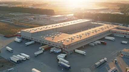 Wall Mural - Aerial all-round view of a logistics park with a warehouses. Loading hub with many semi trucks with cargo trailers standing at ramps for load and unload goods at sunset