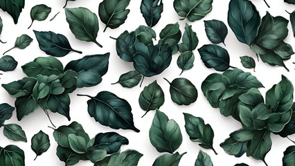 Wall Mural - oil painting dark green leaves on white background, seamless pattern. generated by AI