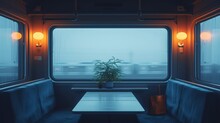 Cozy Train Compartment Interior With Warm Lights And Outside View In Motion