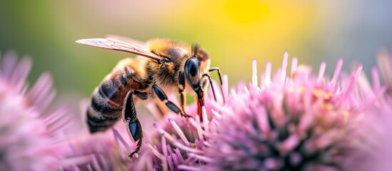 Canvas Print - A macro photograph capturing a bee on a pink flower, showcasing the intricate interaction between a pollinator insect and a flowering plant petal