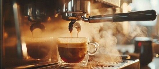 Sticker - a cup of coffee is being poured from a coffee machine into a glass cup . High quality