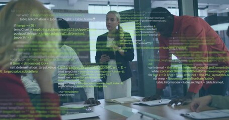 Poster - Animation of financial data processing over diverse business people in office