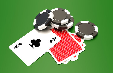 Casino chips and cards on green playing table. Casino or poker concept. 3d-rendering