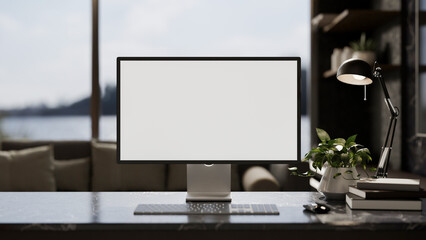 Wall Mural - modern home office workspace with a white-screen computer and decor on a modern black marble table.
