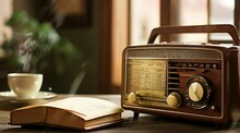 The Perfect Combination For Morning Relaxation By Listening To The Radio, Reading A Book And Drinking Hot Tea. Animated Videos About Leisure And Hobbies. An Old Radio By The Window