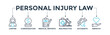 Personal injury law banner concept with icon of lawyer, compensation, medical reports, malpractice, accidents and empathy. Web icon vector illustration