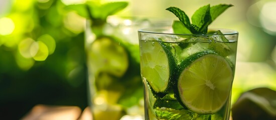 Sticker - A close up of a glass of mojito featuring lime slices and mint leaves, with a backdrop of citrus fruit and grassy elements