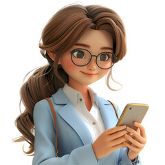 Wall Mural - A 3D animated cartoon render of a smiling businesswoman using a mobile phone Created with generative AI.