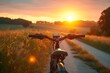 The cyclist's perspective of a tranquil rural trail during a captivating sunset, evoking a sense of peace and adventure