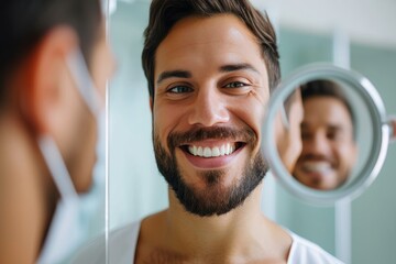 Satisfied young man admiring his bright smile in the dental clinic mirror after a successful treatment