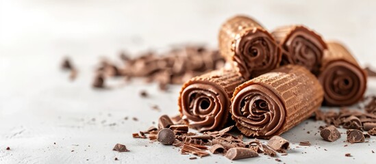 Canvas Print - A stack of chocolate wafer rolls topped with chocolate shavings beautifully arranged on a wooden table in a still life photography composition