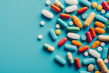 Wall Mural - Assorted Pharmaceutical Pills and Capsules on a Blue Background. Healthcare and Medicine Concept