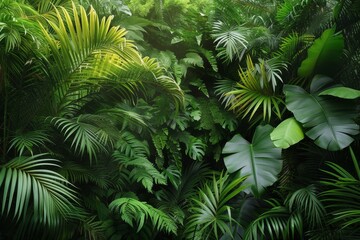  A lush and vibrant display of various shades of green tropical plants, exuding a peaceful vibe