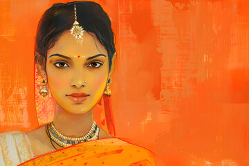 Wall Mural - Portrait of a woman dressed in traditional Indian attire on the orange background. Copy space. Gudi Padva. Ugadi festival in India. Martahi new year concept.