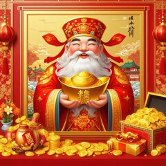 New year god of wealth character design with lucky money collection with Generative AI.