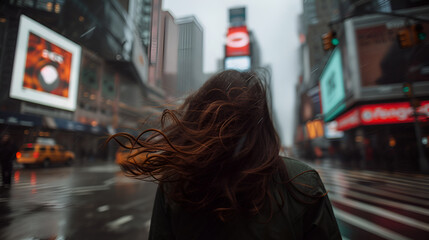 photo of a brunette girl from behind, standing on the street of New York, cloudy day, close-up photo, blur background