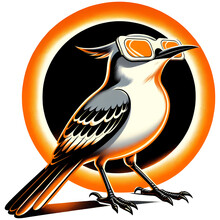 Stylized Northern Mockingbird In A Cool Pose With Sunglasses, Set Against A Striking Orange Halo, Total Solar Eclipse Clipart.