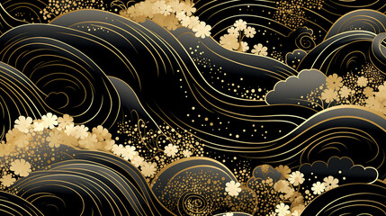 Wall Mural - Horizontal Luxury Image of Elegant Gold Pattern on Black Background in Japanese Style