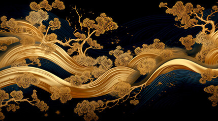 Poster - Horizontal Luxury Image of Elegant Gold Pattern on Black Background in Japanese Style