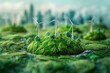 © ARTIFICIAN - minimal model of wind turbines on a replica trees landscape with bokeh city background