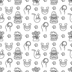 Wall Mural - St Patricks day doodle style seamless pattern in black and white, hand-drawn icons background, cute Irish holiday symbols and elements collection.