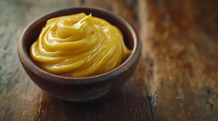 Close-up view of luscious mustard in a rustic bowl on a wooden table