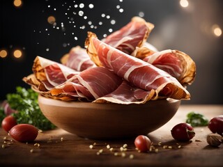 Prosciutto di Parma Italian natural cured ham, cinematic food photography, studio lighting and background