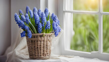 Bouquet Of Grape Hyacinth Flowers In Wicker Basket Near Window.