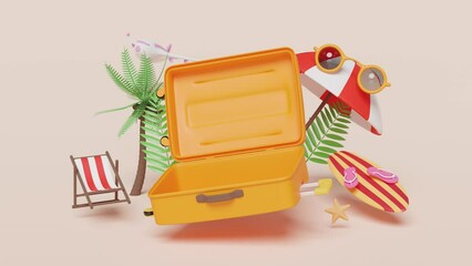 Wall Mural - summer travel with open empty suitcase, beach chair, sunglasses, surfboard, umbrella, coconut tree isolated on orange background. concept, 3d illustration render, alpha channel