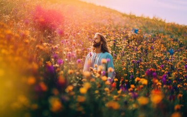 Wall Mural - Jesus Christ in the flower garden. Peace concept