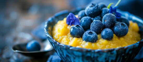 Wall Mural - A delicious bowl of polenta topped with boysenberries, purple flowers, and Olallieberries. A colorful and refreshing twist to this staple food dish