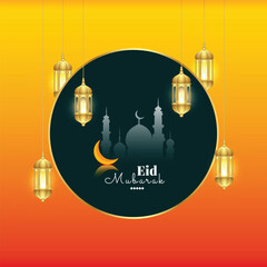 Wall Mural - Eid mubarak wishes or greeting post or banner design with mosque and moon yellow orange Islamic background eid al fitr social media wishing post or banner design vector illustration