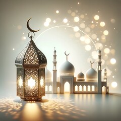 Poster - Illustration of arabic lantern and mosque with bokeh lights for ramadan.