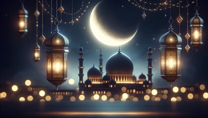 Poster - Ramadan background with a hanging lantern and mosque with crescent moon on the dark sky.