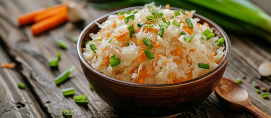 Sticker - a bowl of rice with carrots and green onions on a wooden table . High quality