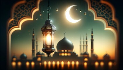 Beautiful illustration for ramadan with a traditional lantern and a mosque at night.