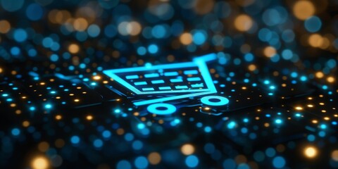 Fototapete - A Glowing Shopping Cart Icon on a Circuit Board Background, Symbolizing the Convenience and Technology of Online Shopping, Generative AI