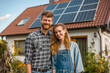© MVProductions - Smiling young couple standing in front of their home with solar panels on the roof in the evening