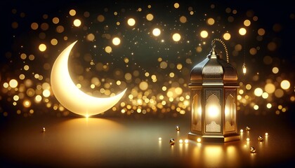 Poster - Luxury ramadan background with lantern and crescent moon with golden bokeh lights.