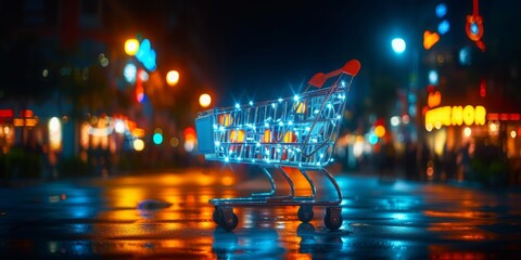 Fototapete - A Glowing Shopping Cart Icon on a Circuit Board Background, Symbolizing the Convenience and Technology of Online Shopping, Generative AI
